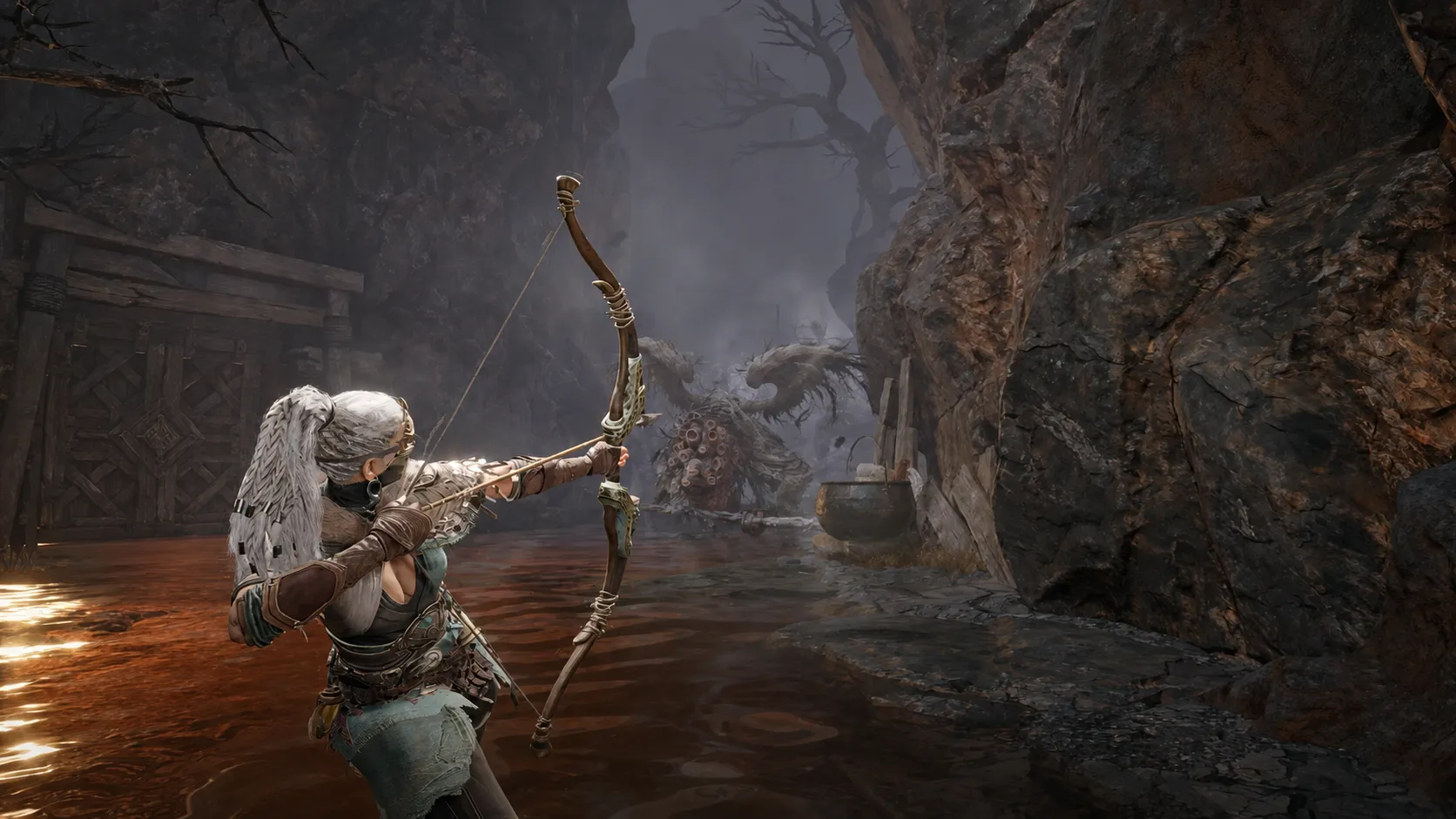 A Mistfall Hunter Blackarrow aiming a bow at a large enemy from range.