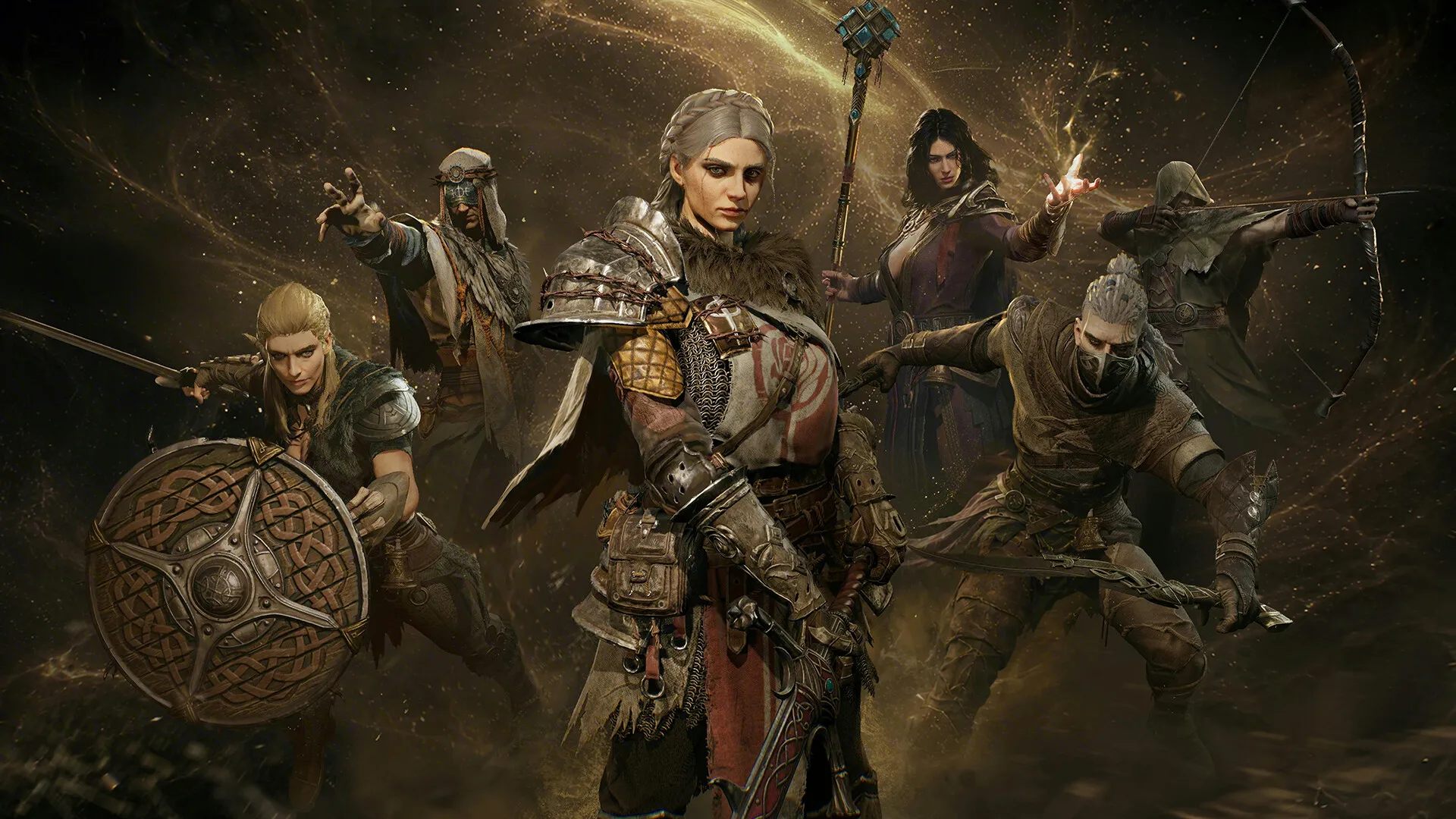 Mistfall Hunter characters posing with a shield, staff, bow, and melee weapons.