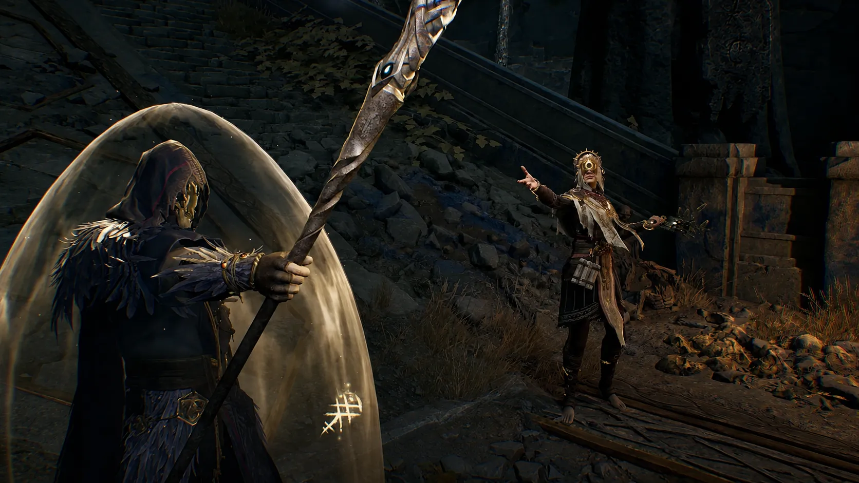 A Seer class scene from Mistfall Hunter showing a staff, a protective effect, and a robed character.
