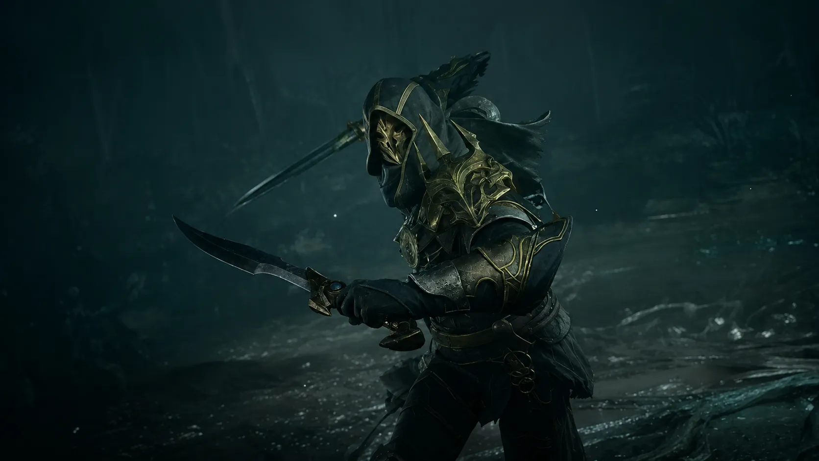 A Mistfall Hunter Shadowstrix holding two short blades in combat.