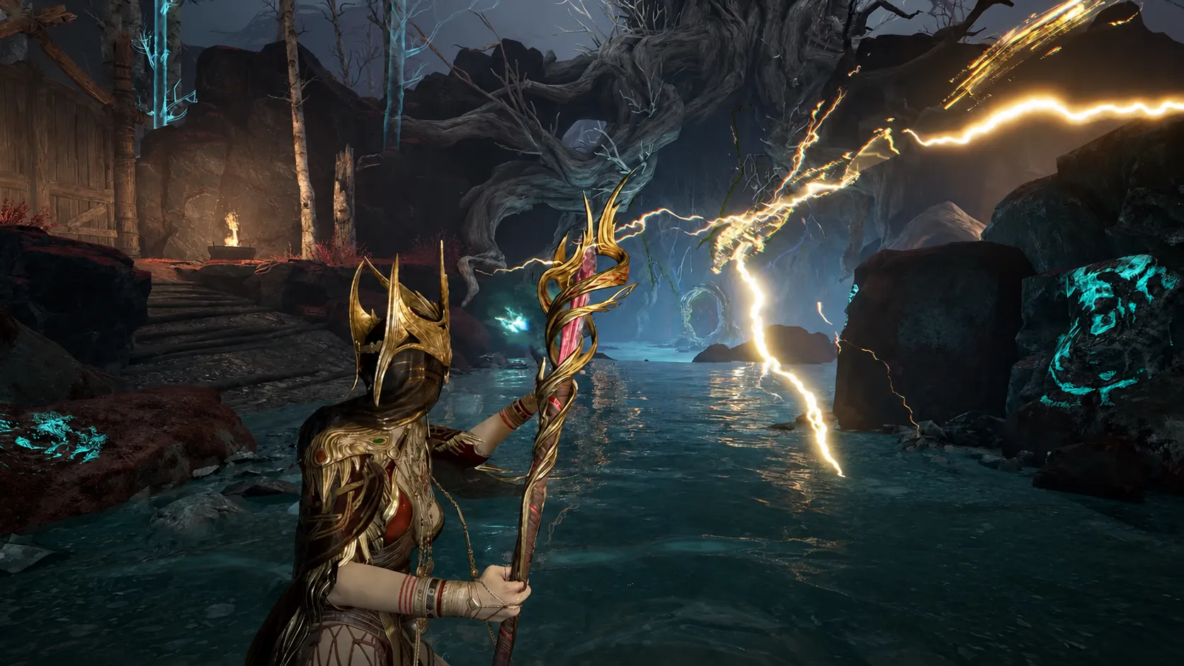 A Mistfall Hunter Sorcerer casting lightning with an ornate staff.