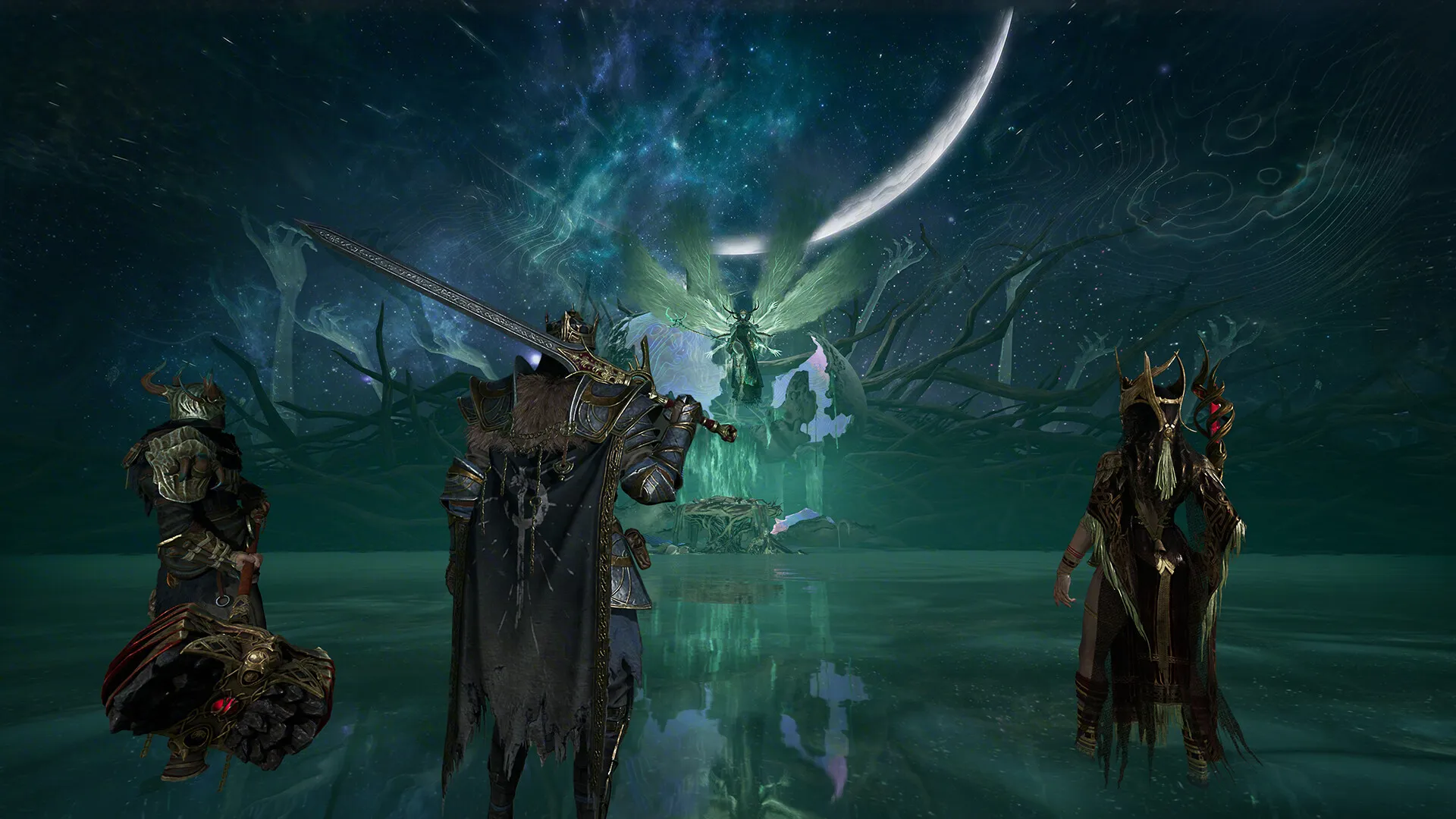 Three Mistfall Hunter characters facing an enemy together in a blue-lit arena.