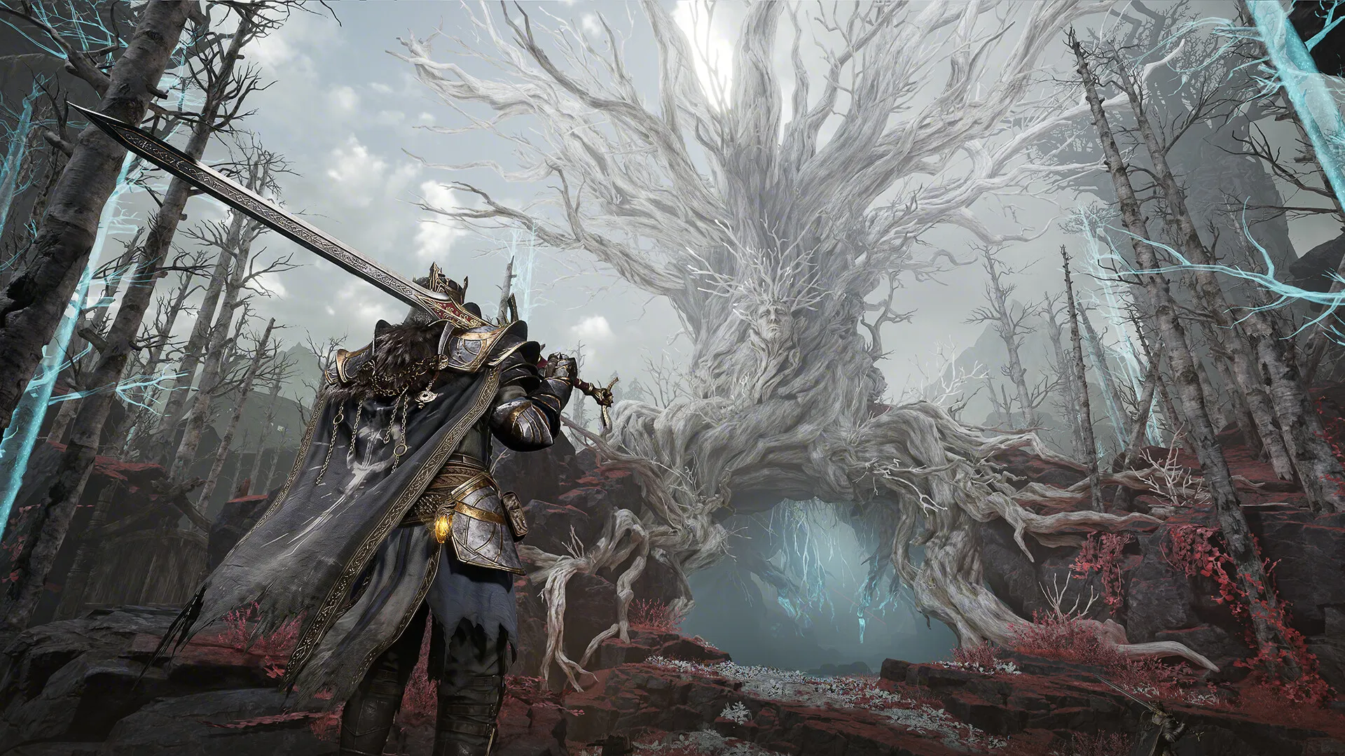 A Mistfall Hunter Withered Knight carrying a greatsword before a massive white tree.